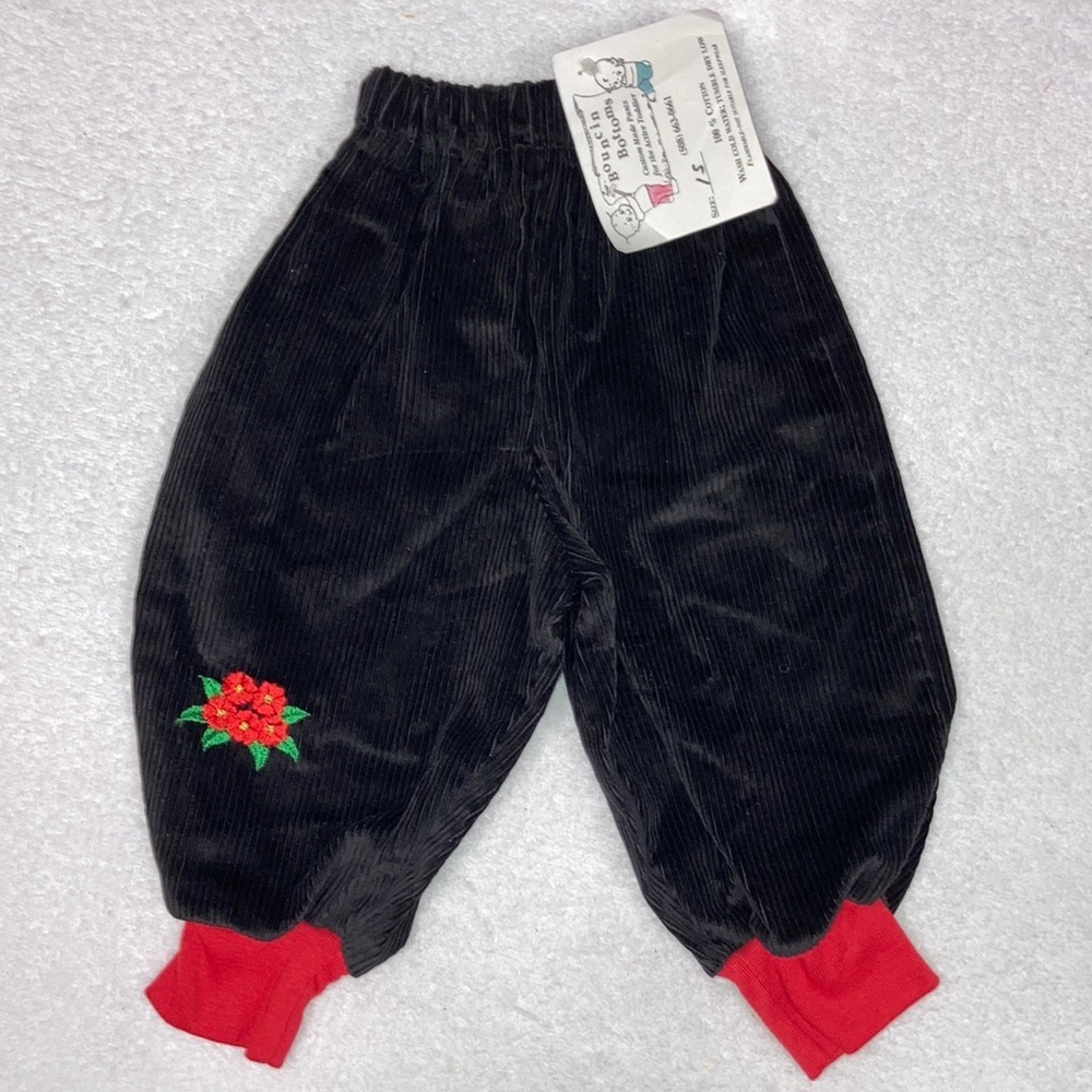 Vintage nwt black corduroy bubble pants 12/18m embroidered red flowers